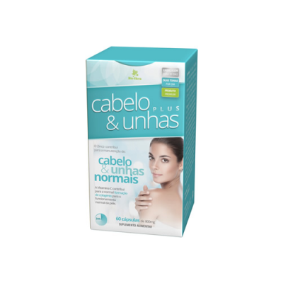 Embalagem azul e branca de suplemento cabelo & unhas plus com imagem de mulher.