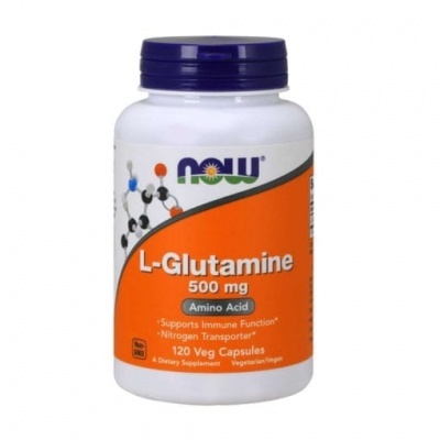 Frasco branco com tampa azul e rótulo laranja de suplemento L-Glutamine
