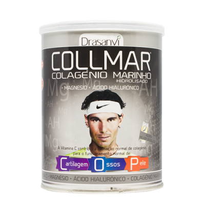Lata de suplemento de colagénio marinho Drasanvi com imagem de homem e texto informativo colorido