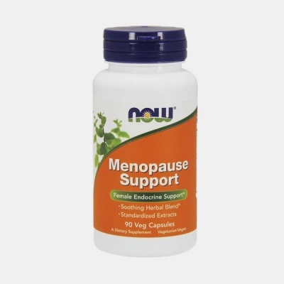 Frasco de suplemento Menopause Support da NOW com rótulo laranja e tampa azul
