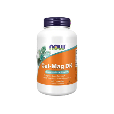 Frasco branco de suplemento NOW Cal-Mag DK com rótulo laranja e tampa roxa