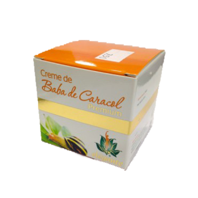 Caixa de Creme de Baba de Caracol Premium em embalagem branca, laranja e verde