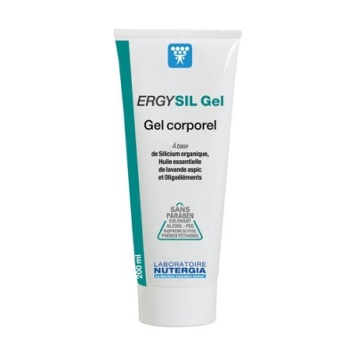 Frasco branco de gel corporal ERGYSIL Gel com texto em francês