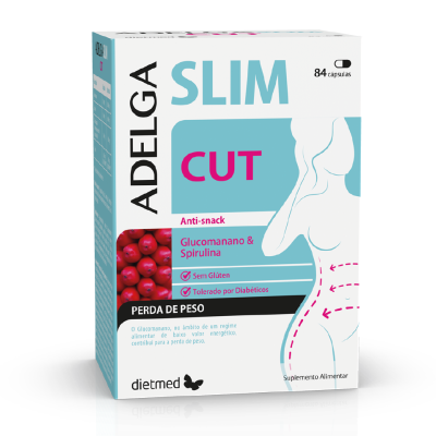 Embalagem de suplemento alimentar ADELGASLIM CUT com destaque para redução de peso e ingredientes naturais