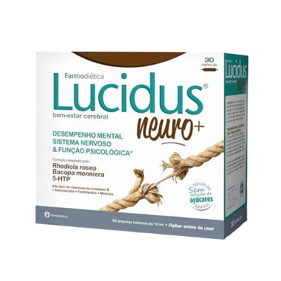 Embalagem de suplemento Farmodietica Lucidus neuro+ com imagem de plantas e texto descritivo