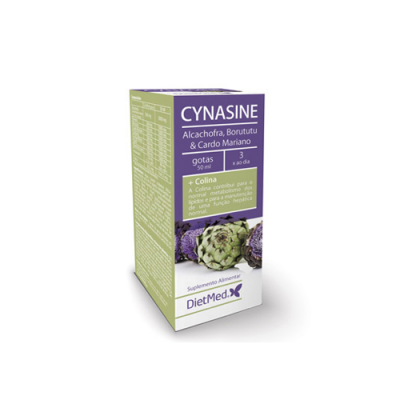 Caixa de suplemento alimentar Cynasine com imagem de alcachofra e texto em roxo e verde
