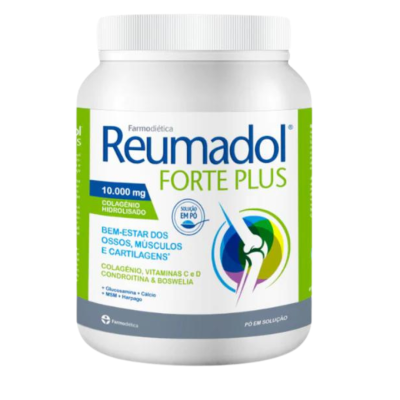Frasco branco de suplemento em pó Reumadol Forte Plus para ossos, músculos e cartilagens