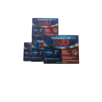 Quatro caixas do suplemento Colester-oil DUO em embalagem azul e vermelha
