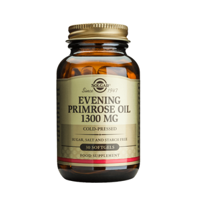 Frasco de suplemento alimentar Solgar Evening Primrose Oil 1300 mg