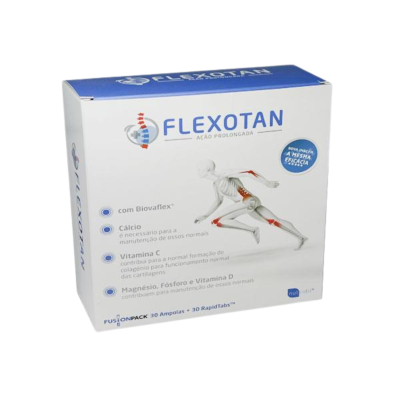 Embalagem do suplemento FLEXOTAN com informações sobre ingredientes e figura humana esquelética com articulações em destaque.