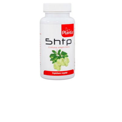 Frasco branco de suplemento 5htp da Plantis com Griffonia simplicifolia e texto Triptófano vegetal