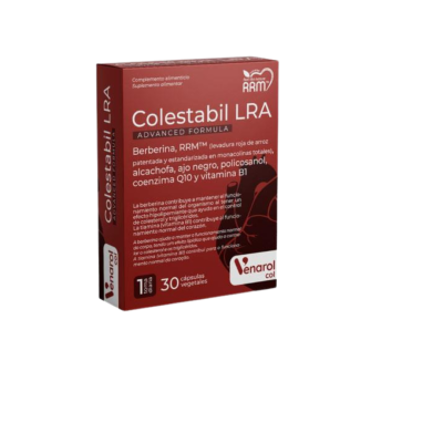 Caixa de suplemento Colestabil LRA castanho avermelhada com texto branco