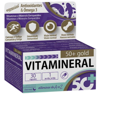 Embalagem roxa e branca de Vitamineral 50+ gold com texto sobre benefícios e quantidade de cápsulas.