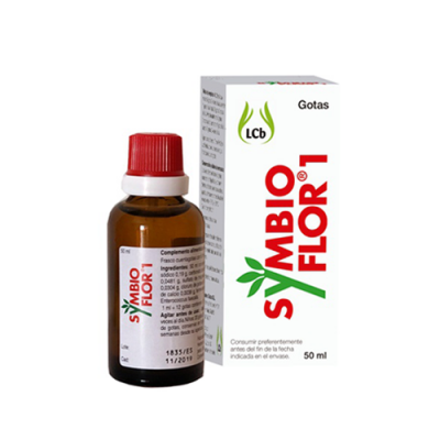 Frasco de gotas Symbio Flor 1 com embalagem branca e tampa vermelha