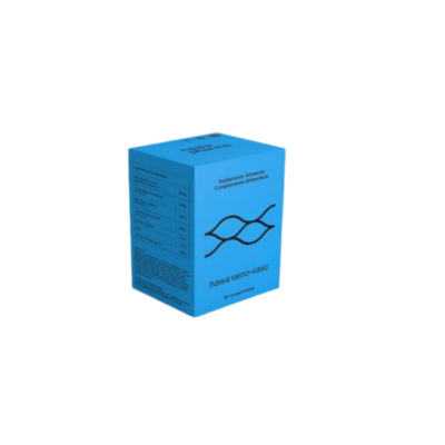 Caixa azul de suplemento alimentar com texto e ilustração negra