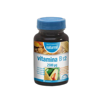 Frasco de vitamina B12 Naturnil com tampa azul e rótulo branco com azul