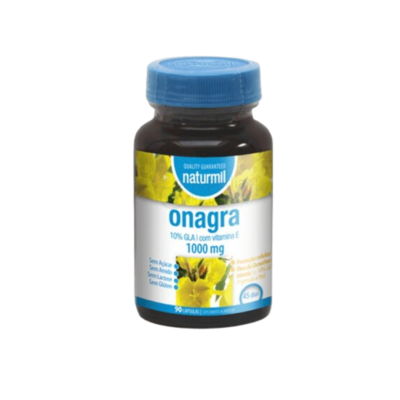 Suplemento onagra Naturmil em frasco castanho com tampa azul e rótulo com flores amarelas