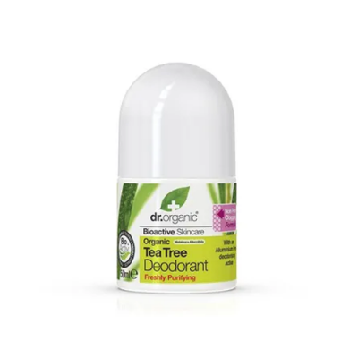 Desodorizante orgânico dr.organic Tea Tree em embalagem branca e verde