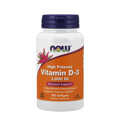 Frasco branco com suplemento Vitamin D-3, etiqueta laranja e tampa azul