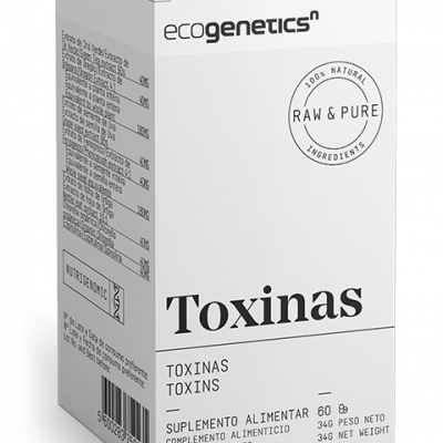 Embalagem branca de suplemento alimentar ecogenetics Toxinas com texto e selo de ingredientes naturais