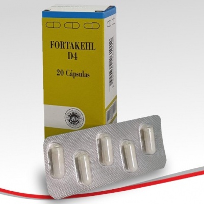 Embalagem e blister de cápsulas FORTAKEHIL D4 amarelo, branco e azul