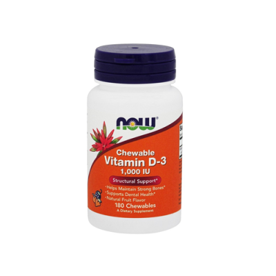 frasco de vitamina D-3 mastigável da marca NOW com rótulo laranja