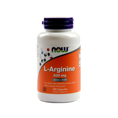 Frasco branco com tampa roxa de suplemento L-Arginine 500 mg com rótulo laranja e branco