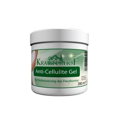 Frasco branco de gel anticelulite com rótulo verde da marca KRAUTERHOF