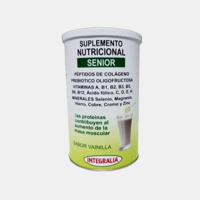 Lata branca e verde de suplemento nutricional sabor baunilha com texto em espanhol e português