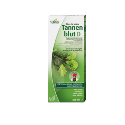 Embalagem verde e branca de suplemento alimentar Tannen Blut D da Hübner com imagem de ramos e texto multilingue
