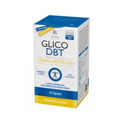 Caixa de suplemento GLICO DBT com cores azul, branco e amarelo