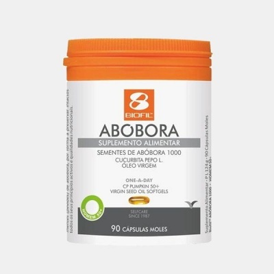 Frasco de suplemento alimentar Abóbora da marca Biofil com tampa laranja