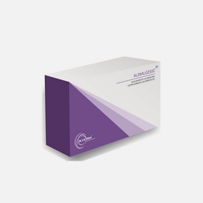 Caixa branca e roxa com texto ALINALGESTIC para suplemento alimentar