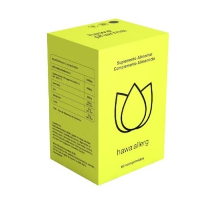 Caixa amarela de suplemento alimentar hawasallerg com texto em preto
