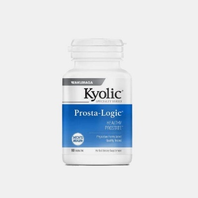 Frasco de suplemento Kyolic Prosta-Logic com rótulo azul e branco