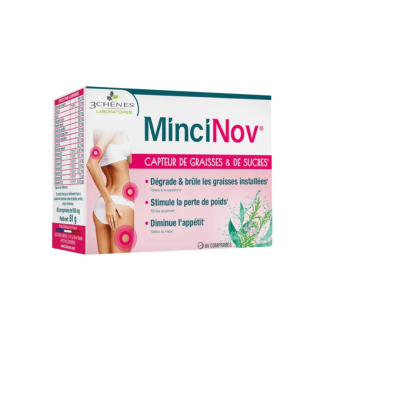Embalagem de comprimidos MinciNov da 3Chenes Laboratoire com texto em francês e imagem de mulher