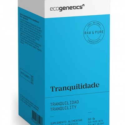 Caixa azul e branca de suplemento alimentar ecogenetics Tranquilidade com selo 100% natural
