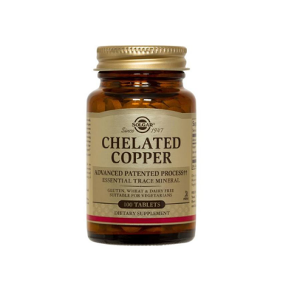 frasco de suplemento alimentar Chelated Copper Solgar com tampa dourada