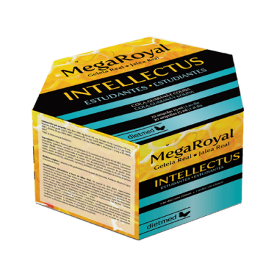 Embalagem hexagonal do suplemento MegaRoyal Intellectus para estudantes em amarelo, preto e azul