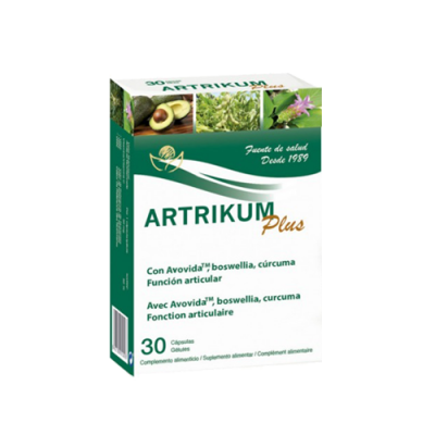 Embalagem do suplemento Artrikum Plus com 30 cápsulas, design verde e branco com imagens de plantas.