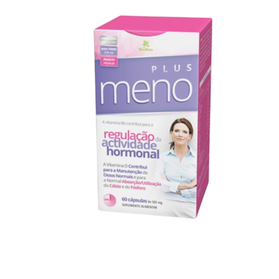 Embalagem do suplemento alimentar Meno Plus com embalagem branca, rosa e lilás.