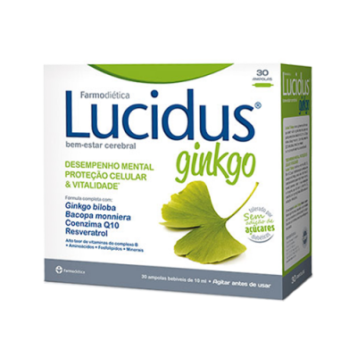 Caixa de suplemento Lucidus ginkgo com folha verde e texto informativo