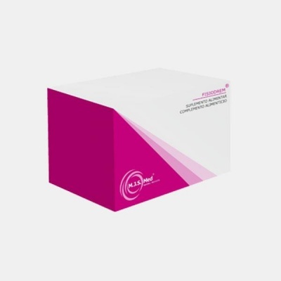 Caixa branca e roxa de suplemento alimentar FISIOCOREX com texto e logotipo