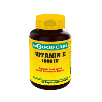 Suplemento Vitamin E 1000 IU Good Care com rótulo amarelo e tampa amarela