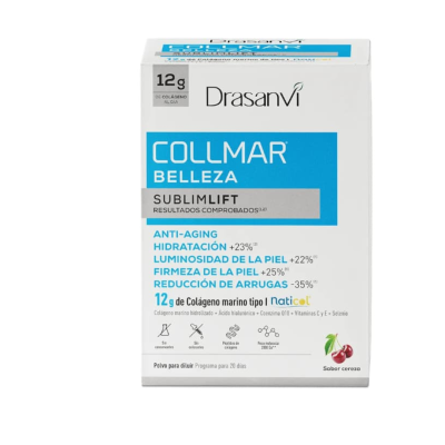 Embalagem branca e azul do suplemento Collmar Belleza SublimLift sabor cereja