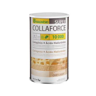 Lata de suplemento Collaforce Super colagénio e ácido hialurónico com descrição dos benefícios para ossos, pele e cartilagens