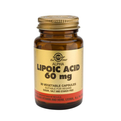 Frasco de suplemento Solgar Alpha Lipoic Acid 60 mg com cápsulas vegetais
