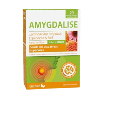 Embalagem de suplemento AMYGDALISE com detalhes verdes e laranja, texto informativo e selo de fermento livre.