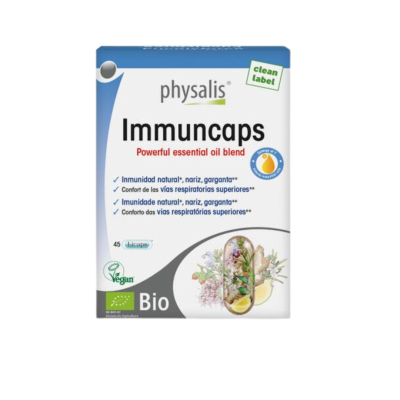 Embalagem de suplemento Physalis Immuncaps com texto e símbolos bio e vegan