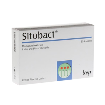 Caixa branca de medicamento Sitobact com texto em alemão e logotipo colorido